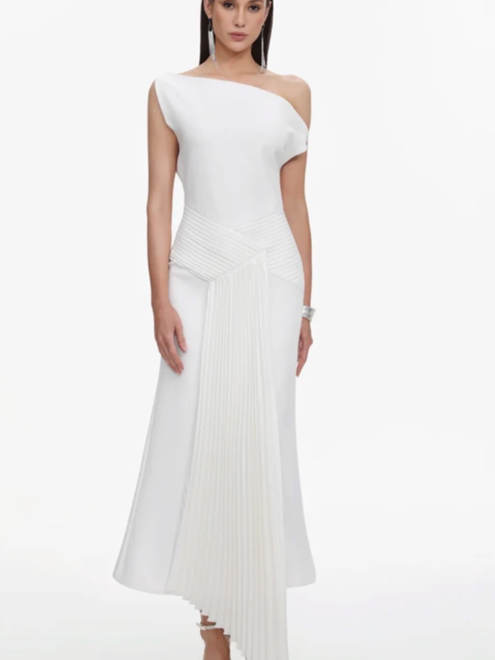 NWT - Paulina Oblique Shoulder Sleeveless Folds Midi Dress